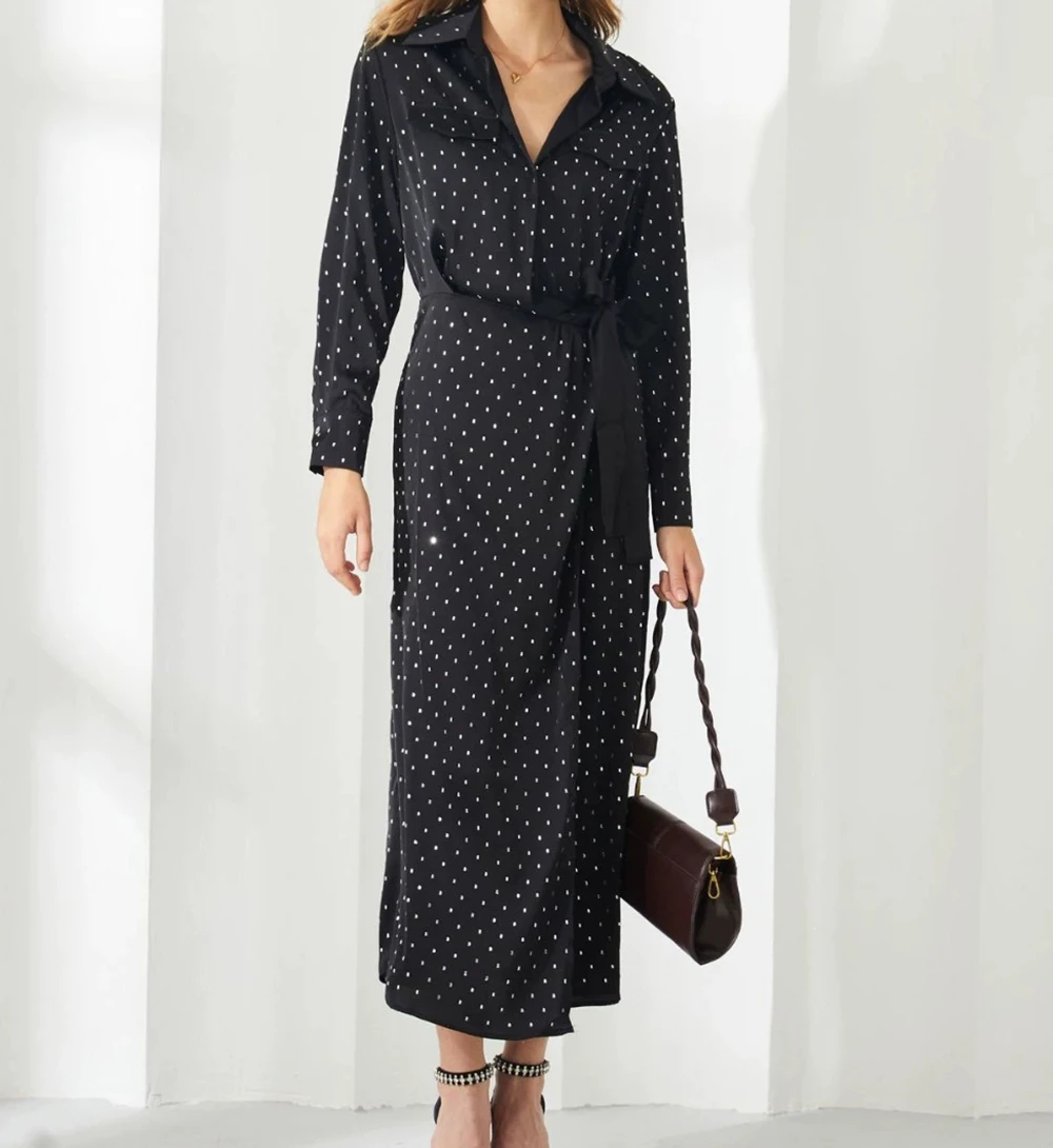 Black intellectual style dress Polka dot hot diamond long sleeve thin long skirt bow long A-line skirt-GZXX468
Black intellectual style dress Polka dot hot diamond long sleeve thin long skirt bow long A-line skirt-GZXX468