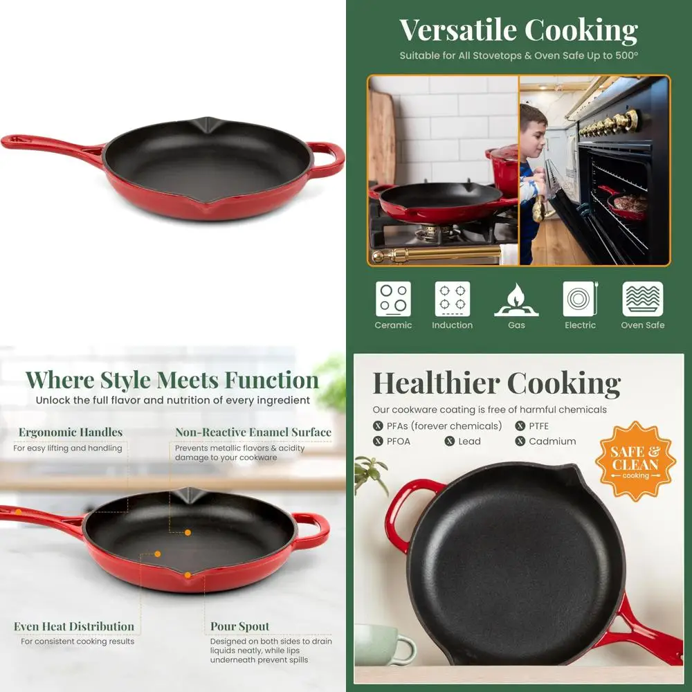 Enameled Cast Iron Skillet 10.25 - Large Saute Pan with Pour Spouts, Compatible, Enamel Coated Cast Iron for Cooking
Enameled Cast Iron Skillet 10.25 - Large Saute Pan with Pour Spouts, Compatible, Enamel Coated Cast Iron for Cooking