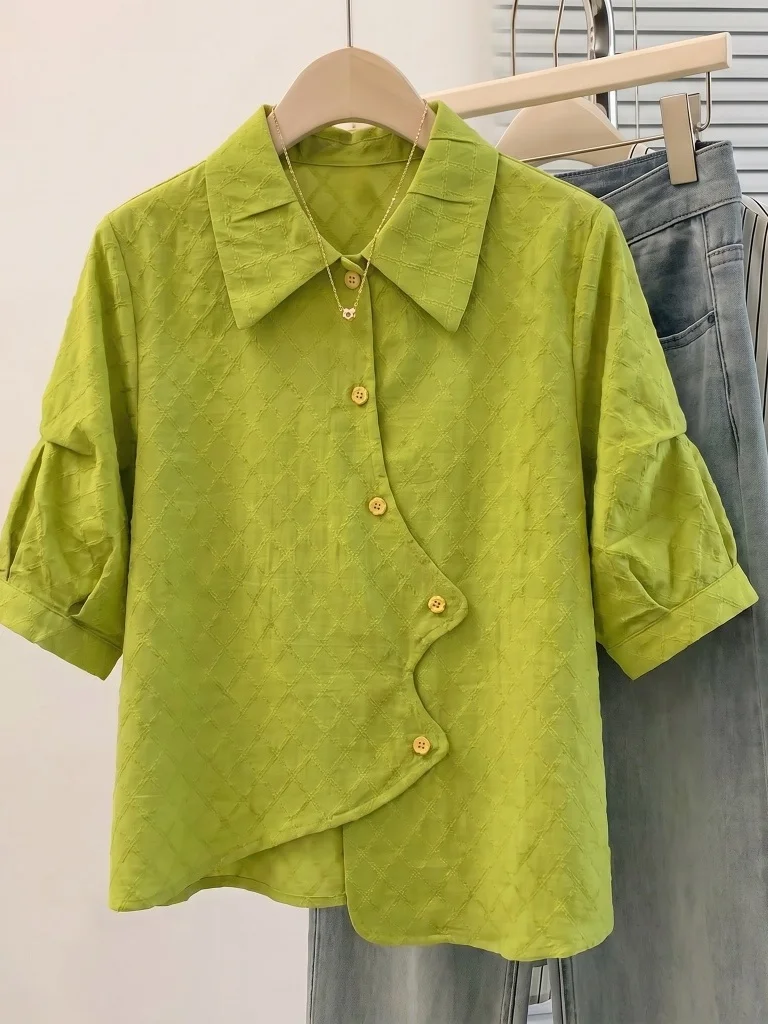 Green Short Sleeve Women's Shirt Design Sense Shoulder Width Regular Korean Style plus Size Slimming Asymmetrical Top
Green Short Sleeve Women's Shirt Design Sense Shoulder Width Regular Korean Style plus Size Slimming Asymmetrical Top