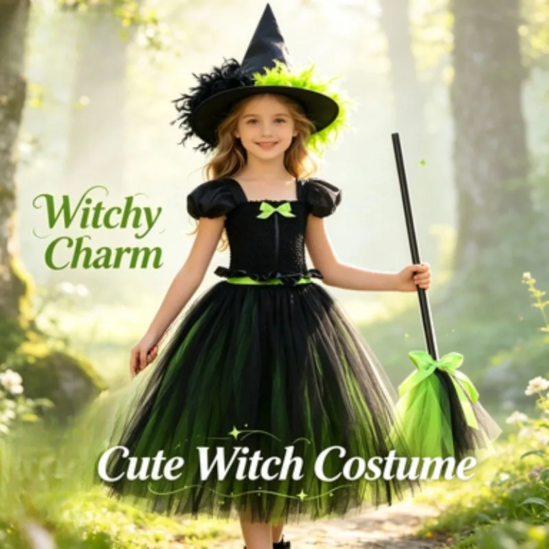 Girls Witch Tulle Dress Set, Halloween Long Lined Fluffy Dress with Hat and Broom, Puff Sleeve Party Ball Gown for Festivals
Girls Witch Tulle Dress Set, Halloween Long Lined Fluffy Dress with Hat and Broom, Puff Sleeve Party Ball Gown for Festivals