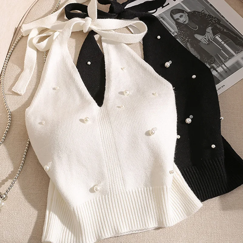 **1pc Fashion French Beaded Halter Neck Tie Knot Backless Knitted Vest For Women
**1pc Fashion French Beaded Halter Neck Tie Knot Backless Knitted Vest For Women