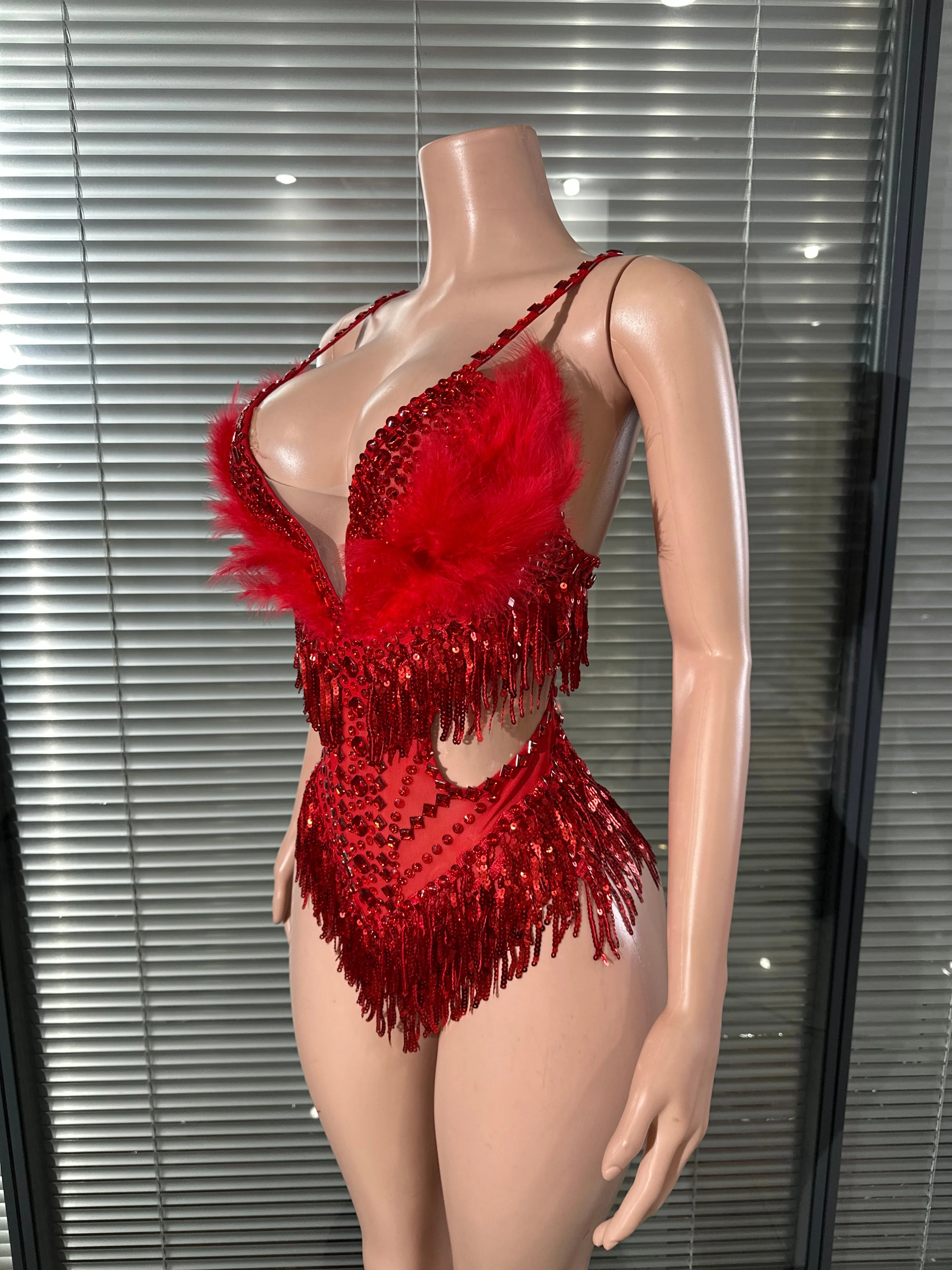 Luxurious Sheer Mesh Rhinestone Feather Fringe Bodysuit Women Sexy Deep V Neck Cutout Outfit Singer Stage Performance Costume
Luxurious Sheer Mesh Rhinestone Feather Fringe Bodysuit Women Sexy Deep V Neck Cutout Outfit Singer Stage Performance Costume