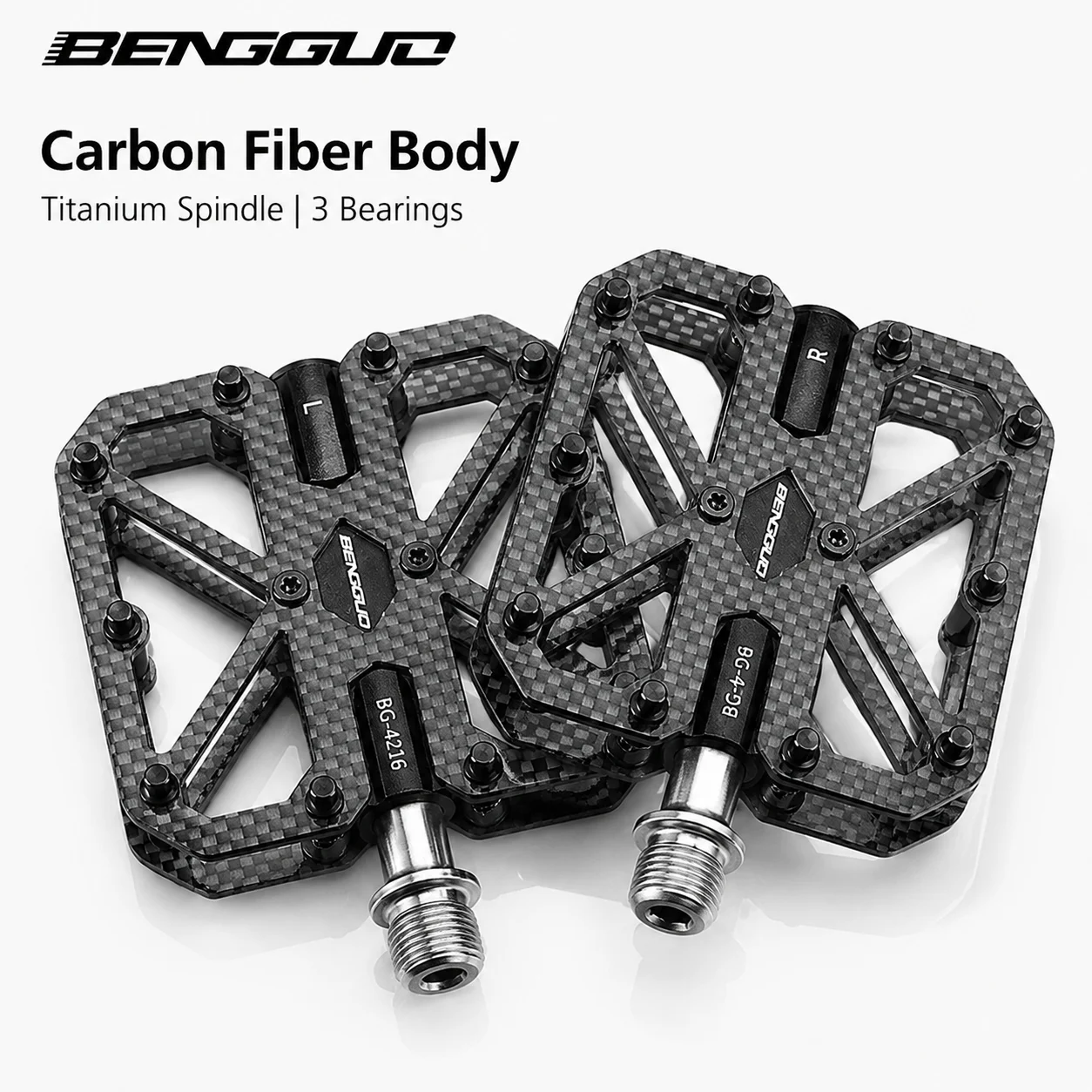 BENGGUO Carbon Fiber Bike Pedals Titanium Spindle 3 Bearings Wide Platform 40 Anti-Slip Pins MTB Road Bicycle Flat Pedals
BENGGUO Carbon Fiber Bike Pedals Titanium Spindle 3 Bearings Wide Platform 40 Anti-Slip Pins MTB Road Bicycle Flat Pedals