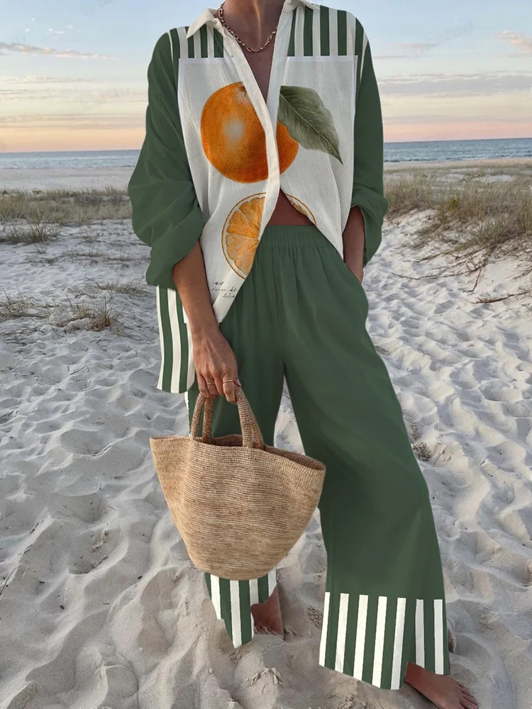 Holiday Fashion Print Beach 2-Piece Set Women Spring Summer Long Sleeve Shirt Top + Wide Legs Women's Oversized Two-Piece Outfit
Holiday Fashion Print Beach 2-Piece Set Women Spring Summer Long Sleeve Shirt Top + Wide Legs Women's Oversized Two-Piece Outfit