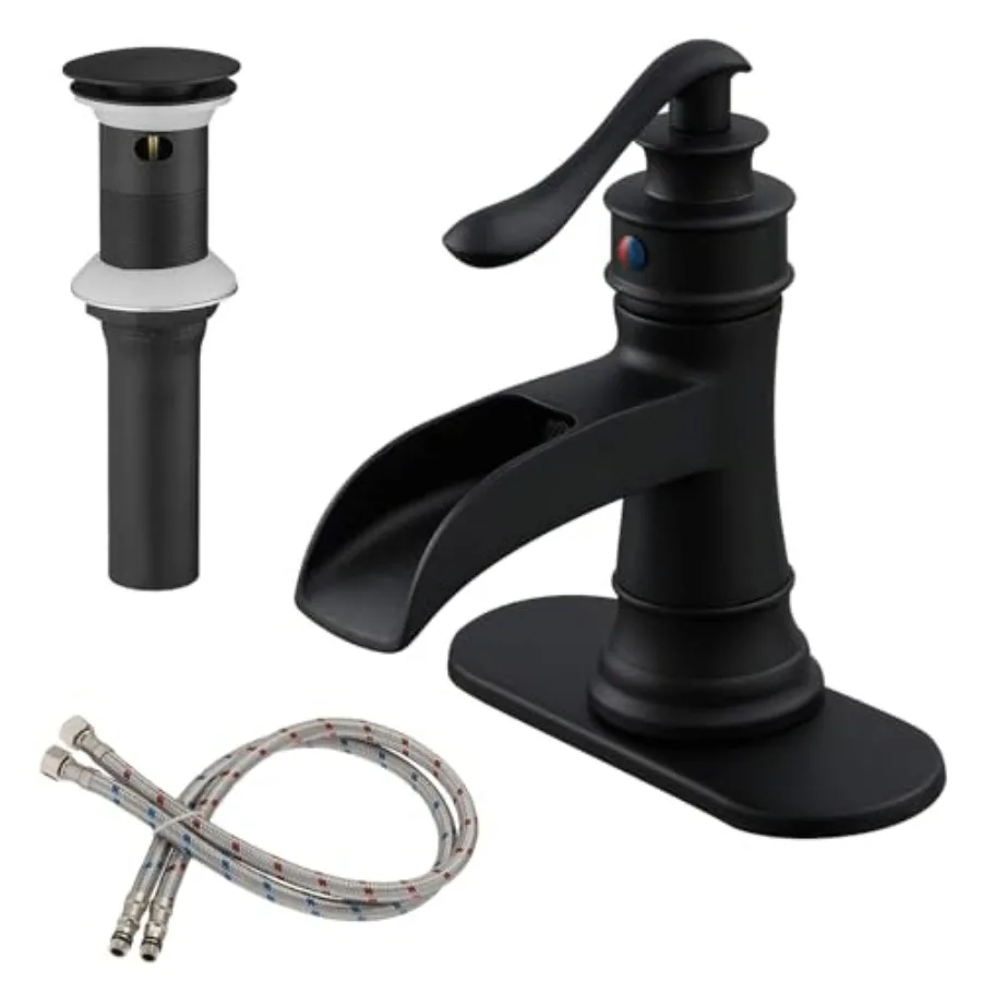 Matte Black Bathroom Faucet Waterfall Sink Single Hole One Handle Mixer Tap with Brass Pop Up Drain Stopper and Overflow Water
Matte Black Bathroom Faucet Waterfall Sink Single Hole One Handle Mixer Tap with Brass Pop Up Drain Stopper and Overflow Water