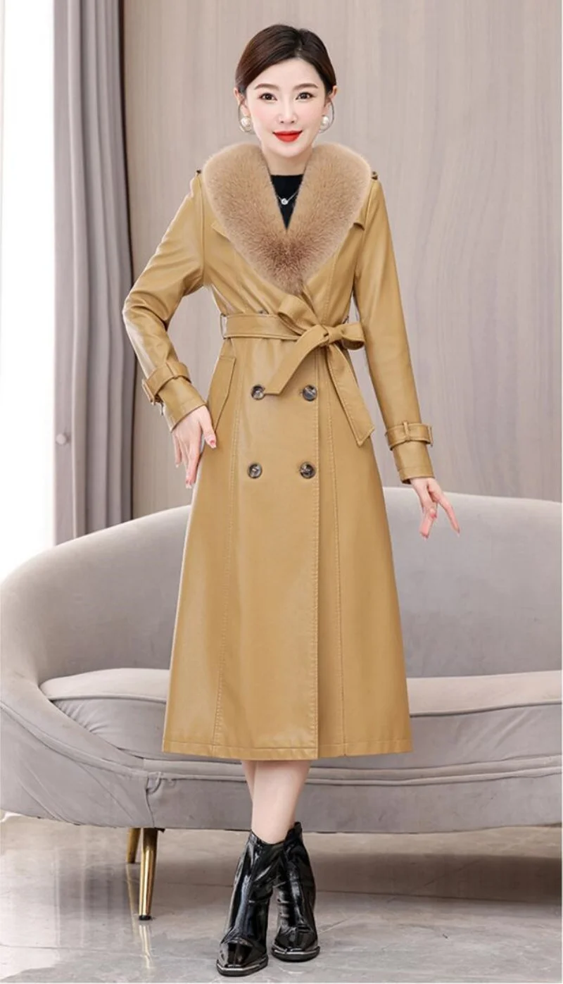 Autumn Winter Double Breasted Long Luxury Thicken Jacket Faux Leather Trench Coat Women Sashes Designer Fashion Coat 
Autumn Winter Double Breasted Long Luxury Thicken Jacket Faux Leather Trench Coat Women Sashes Designer Fashion Coat