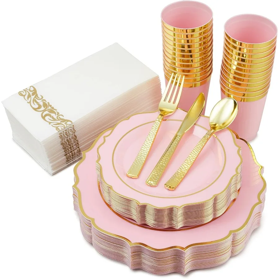 175PCS Pink Plates and Napkins Party Supplies Set with 50 Disposable Plates 25 Cups 75 Gold Silverware 25 Napkins for Weddings
175PCS Pink Plates and Napkins Party Supplies Set with 50 Disposable Plates 25 Cups 75 Gold Silverware 25 Napkins for Weddings