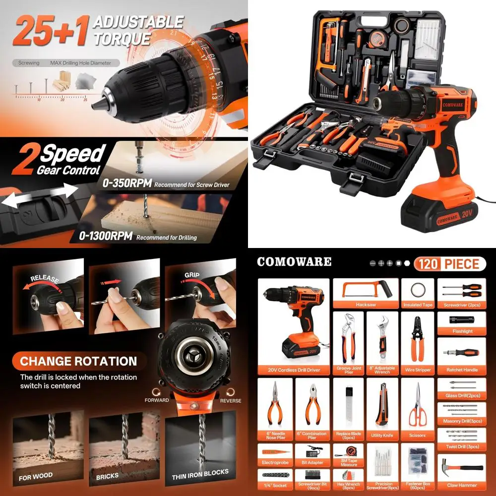 Набор аккумуляторных дрелей 20В, 120 предметов, в пластиковом кейсе, для мужчин, идеально подходит для дома, офиса и DIY
Набор аккумуляторных дрелей 20В, 120 предметов, в пластиковом кейсе, для мужчин, идеально подходит для дома, офиса и DIY
