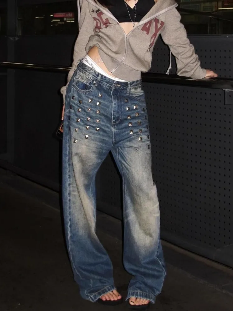 Deeptown Vintage Distressed Jeans for Women Baggy Punk Style American High Street Wide Leg Jeans with Rivet Denim Trousers
Deeptown Vintage Distressed Jeans for Women Baggy Punk Style American High Street Wide Leg Jeans with Rivet Denim Trousers