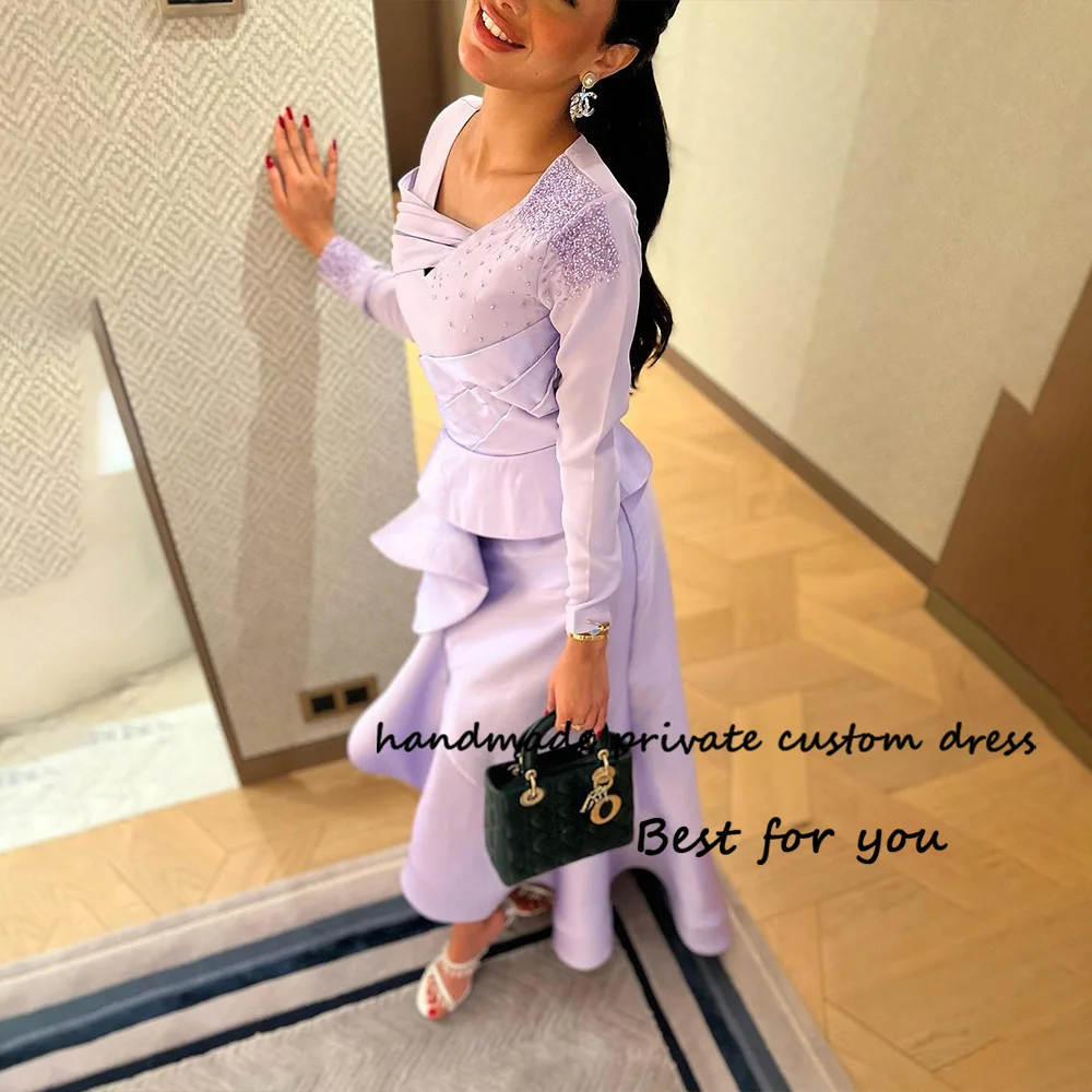 Lavender Mermaid Evening Dresses Long Sleeve Beads Pleats Satin Formal Dress Dubai Arabia Prom Party Dress Ankle Length
Lavender Mermaid Evening Dresses Long Sleeve Beads Pleats Satin Formal Dress Dubai Arabia Prom Party Dress Ankle Length