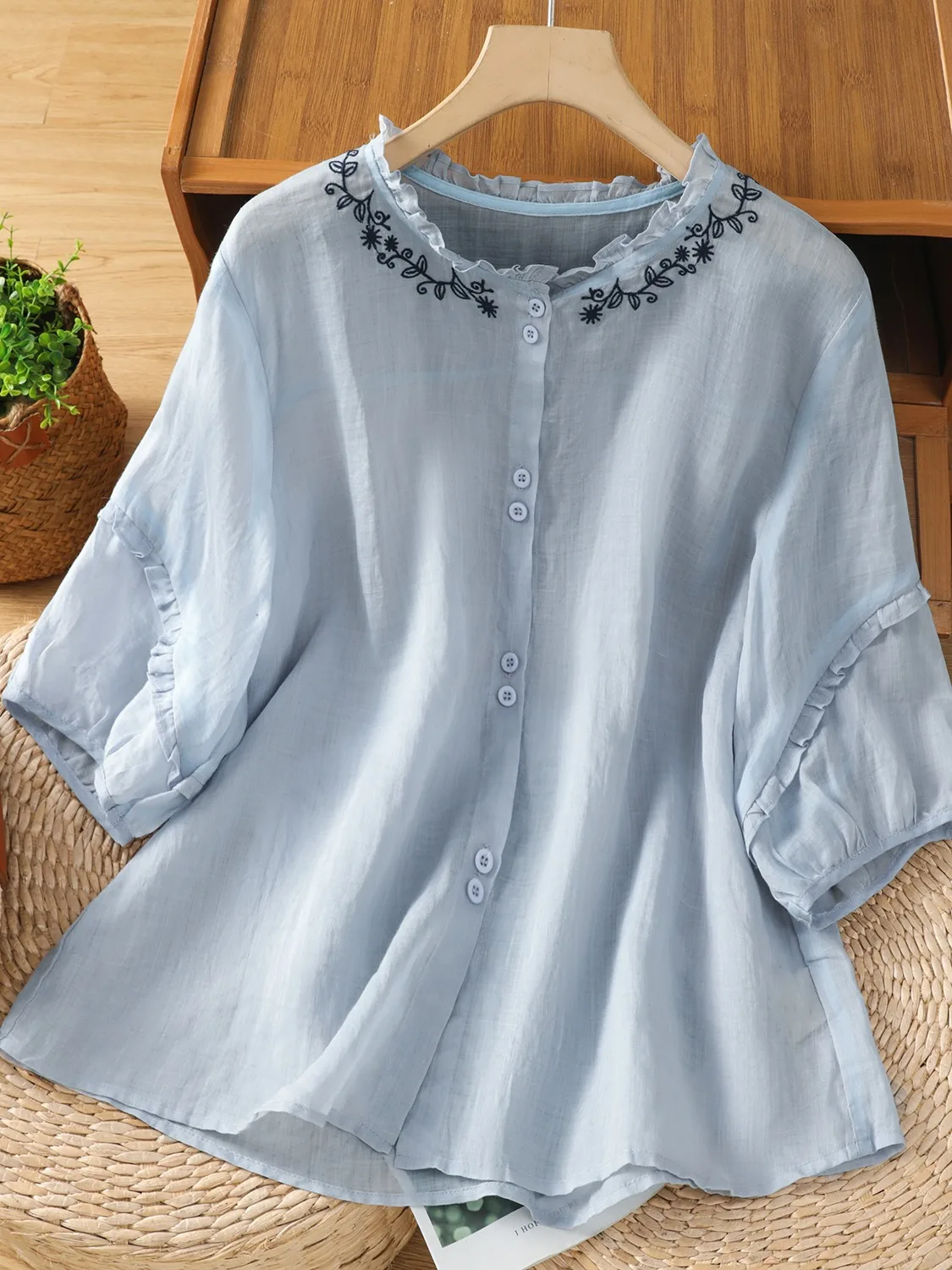 Ele синий кружевной воротник с вышивкой из хлопка и льна, женская летняя антивозрастная утягивающая блузка Sli Top Seven-Quarter Sve 
Ele синий кружевной воротник с вышивкой из хлопка и льна, женская летняя антивозрастная утягивающая блузка Sli Top Seven-Quarter Sve