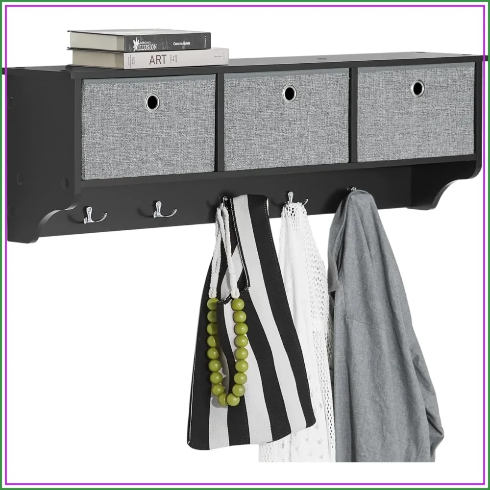Wall Shelf with Hooks, Coat Rack Wall Mount, Entryway Storage Cabinet with 3 Baskets 5 Hooks, Black
Wall Shelf with Hooks, Coat Rack Wall Mount, Entryway Storage Cabinet with 3 Baskets 5 Hooks, Black