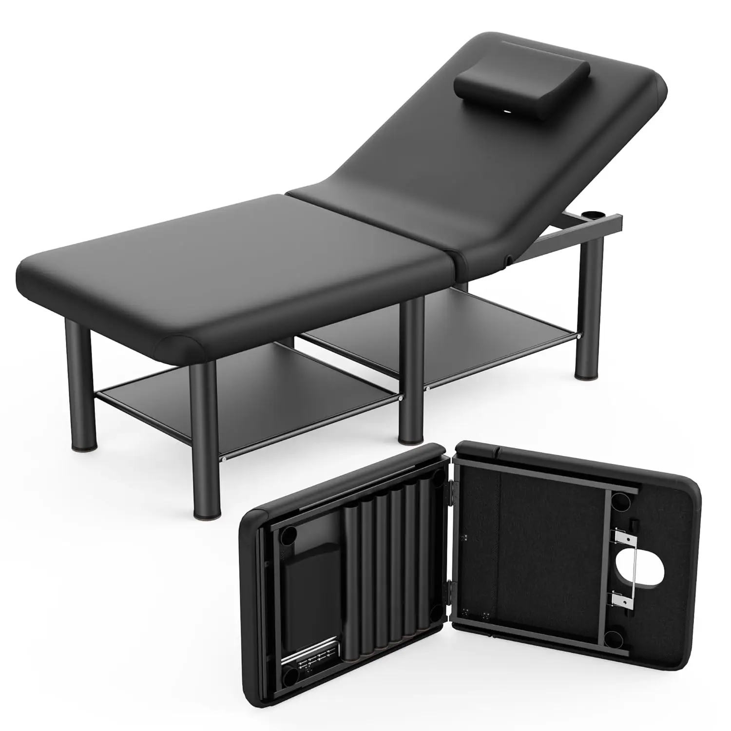 Folding Stationary Massage Table with Backrest and Storage Space, 6 Round Legs Metal Frame PU Leather, Customized
Folding Stationary Massage Table with Backrest and Storage Space, 6 Round Legs Metal Frame PU Leather, Customized