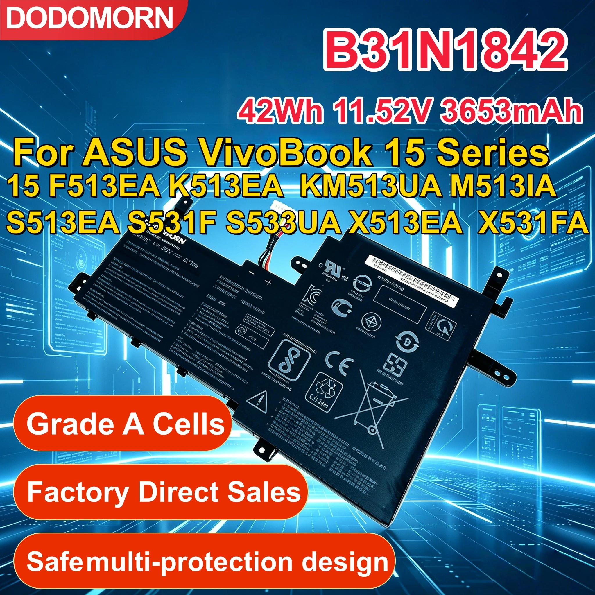 NEW B31N1842 Battery For ASUS VivoBook F513 K513 M513 S513 X513 S531FA S531FL M513UA S533UA V5050E 0B200-03440000 3ICP5
NEW B31N1842 Battery For ASUS VivoBook F513 K513 M513 S513 X513 S531FA S531FL M513UA S533UA V5050E 0B200-03440000 3ICP5