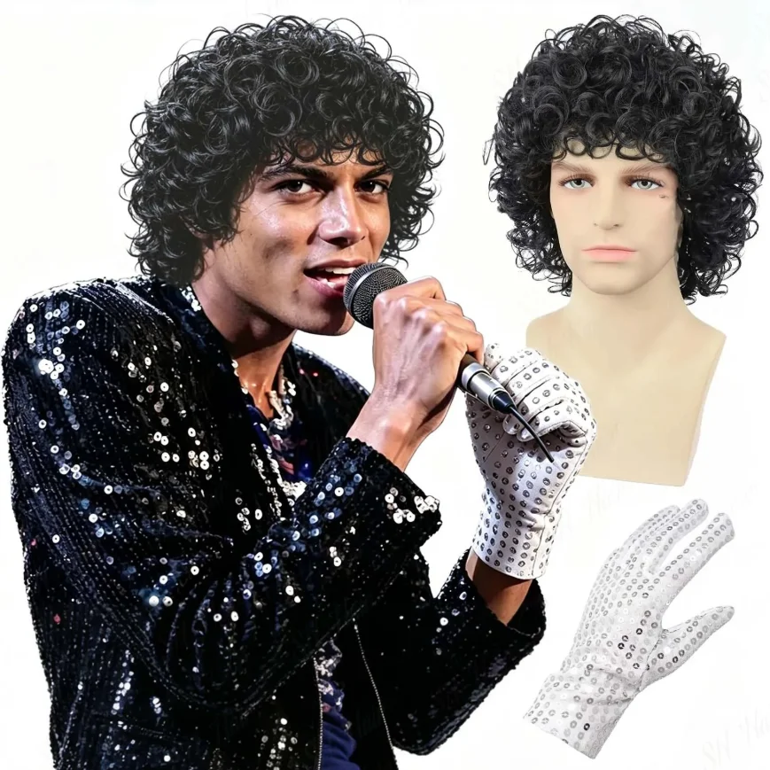 Synthetic Mens Black Mullet Wig Glove Short Curly 70s 80s Rocker Star Punk Wig Party Halloween Daily Michael Jackson Cosplay Wig
Synthetic Mens Black Mullet Wig Glove Short Curly 70s 80s Rocker Star Punk Wig Party Halloween Daily Michael Jackson Cosplay Wig