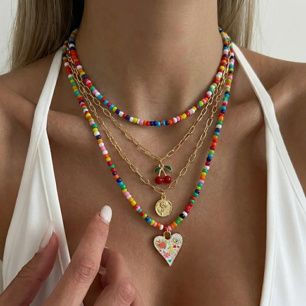 Boho Colorful Rice Beads Multilayer Layering Chain Cute Cherry Heart Shape Pendant Necklaces for Women Fashion Jewelry Gift
Boho Colorful Rice Beads Multilayer Layering Chain Cute Cherry Heart Shape Pendant Necklaces for Women Fashion Jewelry Gift
