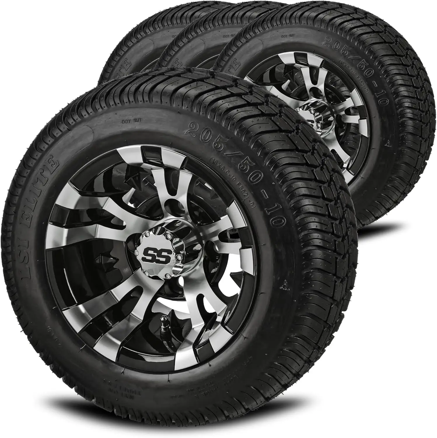 10" Warlock Black/Machined on 205/50-10 LSI Elite Low Pro Tires (Set of 4) | Golf Cart Tires and Wheels Combo with Standard Lug
10" Warlock Black/Machined on 205/50-10 LSI Elite Low Pro Tires (Set of 4) | Golf Cart Tires and Wheels Combo with Standard Lug