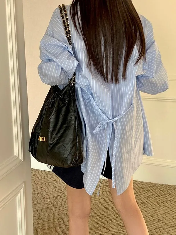 Blue Striped Loose Casual Women's Shirt Spring New Style Back Strap Long Sleeve Shirt Versatile Comfortable Korean Style Blouse
Blue Striped Loose Casual Women's Shirt Spring New Style Back Strap Long Sleeve Shirt Versatile Comfortable Korean Style Blouse