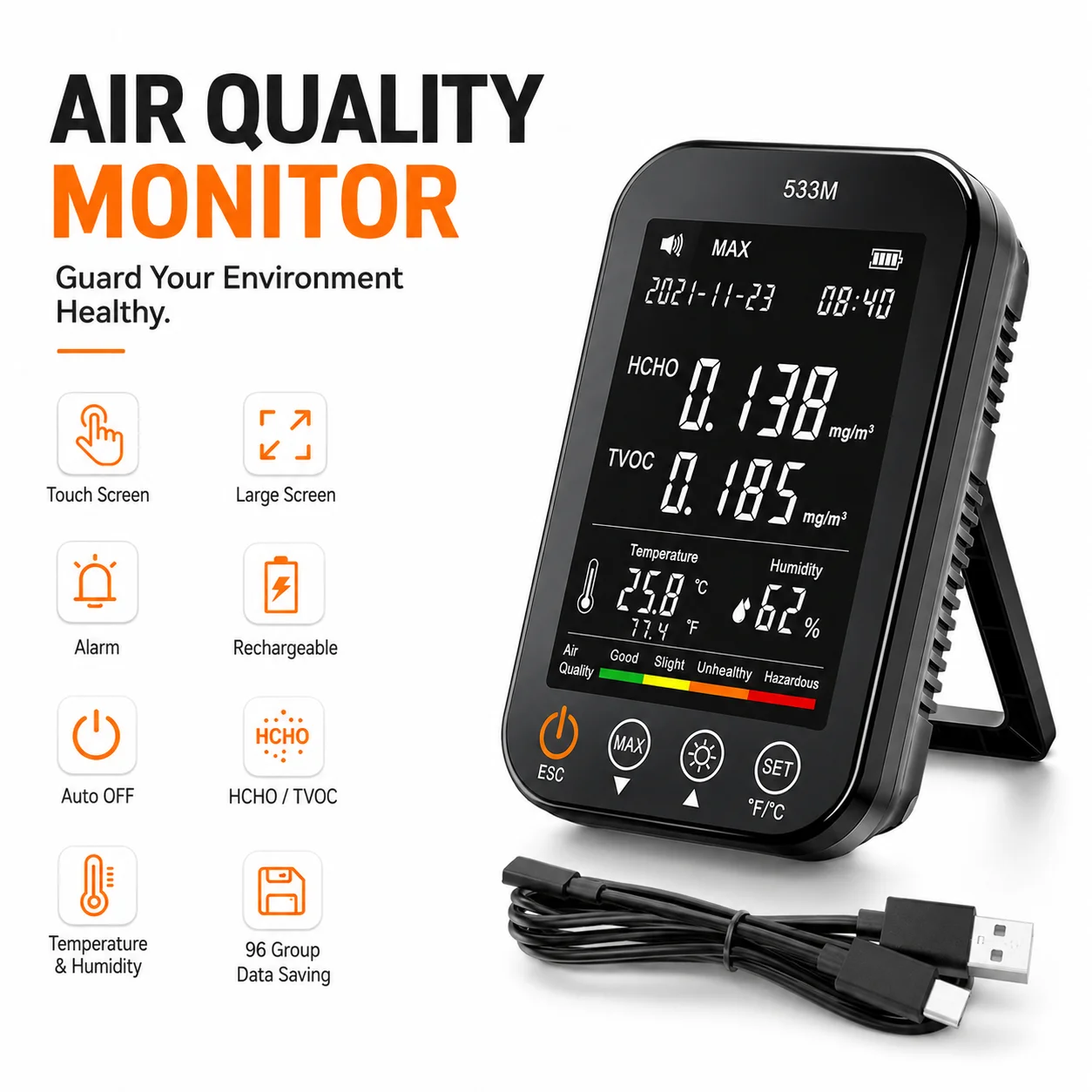 4 in 1 Air Quality Monitor Formaldehyde Detector HCHO TVOC Temp(℃/℉) Humidity Sensor, Indoor Tester with LCD Screen Alarm
4 in 1 Air Quality Monitor Formaldehyde Detector HCHO TVOC Temp(℃/℉) Humidity Sensor, Indoor Tester with LCD Screen Alarm