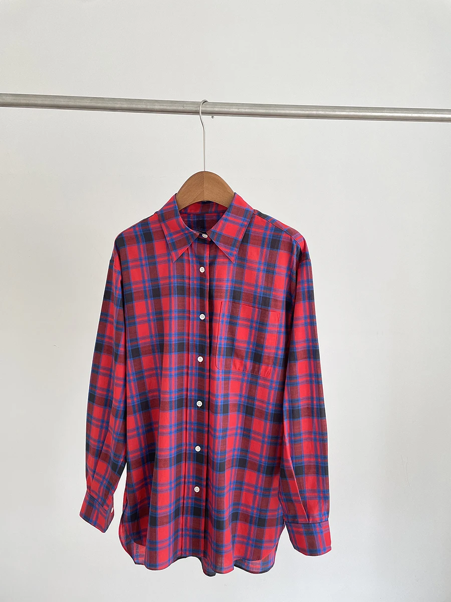 High-Stitch Long-Velvet Cotton Plaid irt Loose ape Thin Upper Body Red And Blue id Design Collar Button Closure
High-Stitch Long-Velvet Cotton Plaid irt Loose ape Thin Upper Body Red And Blue id Design Collar Button Closure