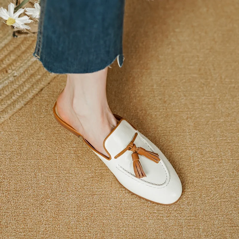 Mules Women's Cowhide Fringe slippers Flats Round Toe Slippers Woman Flat Shoes Real Leather mules Spring Autumn Simple Shoes
Mules Women's Cowhide Fringe slippers Flats Round Toe Slippers Woman Flat Shoes Real Leather mules Spring Autumn Simple Shoes