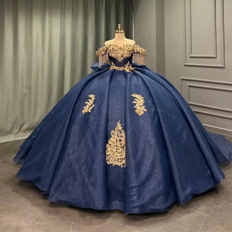 Navy Blue Shiny Ball Gown Quinceanera Dresses Gold Applique Flower Beading Crystal Bow Tiered Tull Corset Off The Shoulder Sweet
Navy Blue Shiny Ball Gown Quinceanera Dresses Gold Applique Flower Beading Crystal Bow Tiered Tull Corset Off The Shoulder Sweet