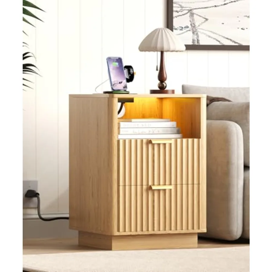 Fluted Nightstand 15 Wide with Charging Station Storage Drawers LED Light Glass Top Curved Profile Wooden Bedside Table for Bed
Fluted Nightstand 15 Wide with Charging Station Storage Drawers LED Light Glass Top Curved Profile Wooden Bedside Table for Bed