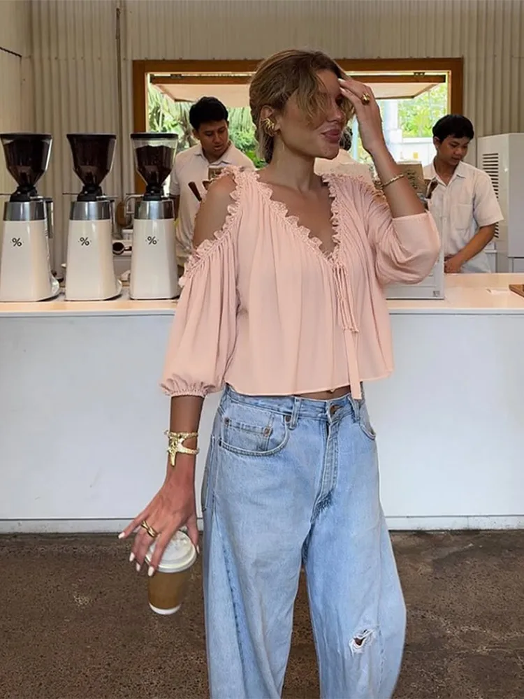 Ruffles Trim Hollow Out Chiffon Shirt Women Summer Fashion V-neck Lace Up Puff Sleeve Blouse Chic Lady Elegant Shirts Tops 2025
Ruffles Trim Hollow Out Chiffon Shirt Women Summer Fashion V-neck Lace Up Puff Sleeve Blouse Chic Lady Elegant Shirts Tops 2025