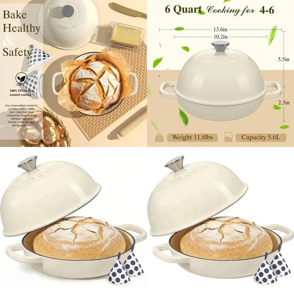 6 Quart Round Cast Iron Bread Oven with Dome Lid and Cotton Potholders for Homemade Sourdough Baking, Cream White
6 Quart Round Cast Iron Bread Oven with Dome Lid and Cotton Potholders for Homemade Sourdough Baking, Cream White
