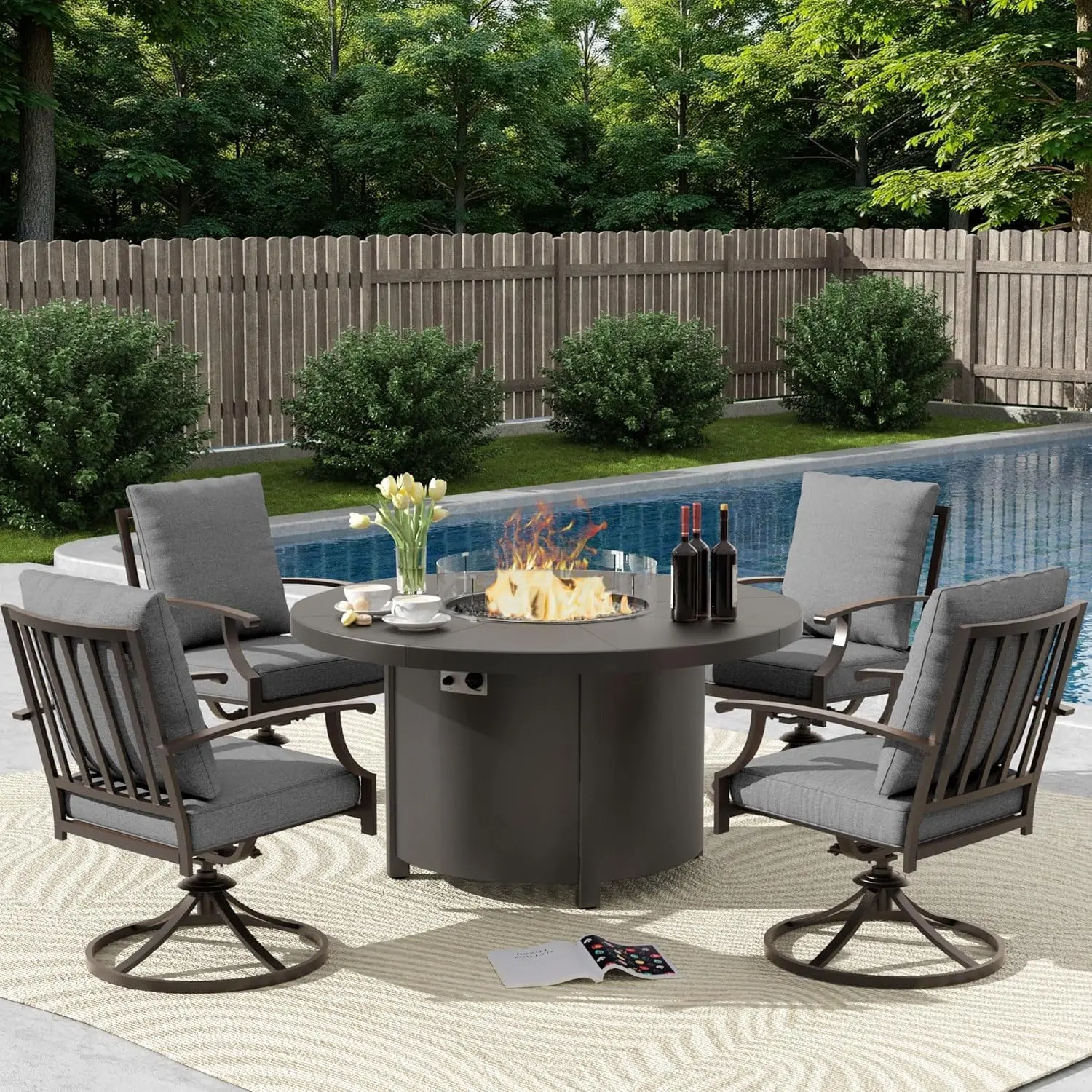 5pc Metal Patio Set w/ 48in 55000BTU Round Fire Pit Dining Table 4 Swivel Cushioned Chairs Waterproof Covers Customized
5pc Metal Patio Set w/ 48in 55000BTU Round Fire Pit Dining Table 4 Swivel Cushioned Chairs Waterproof Covers Customized