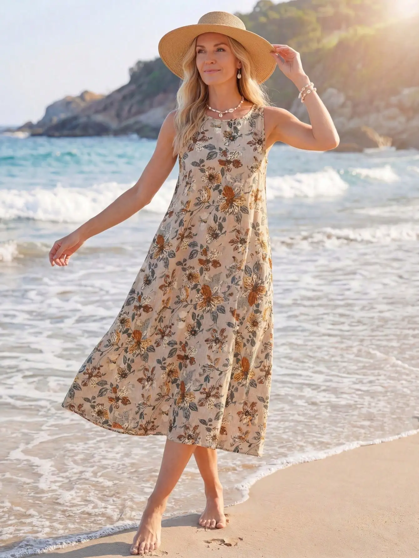 Women's Floral Print Sleeveless Midi Dress, Loose Fit, Beach Style
Women's Floral Print Sleeveless Midi Dress, Loose Fit, Beach Style