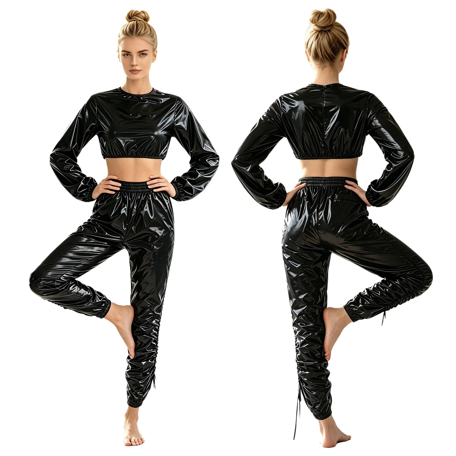 Women Vinyl Waterproof Sweat Suit Long Sleeve Crop Top And Capri Pants with Sides Drawstrings for Workout Motorcycle Clothing
Women Vinyl Waterproof Sweat Suit Long Sleeve Crop Top And Capri Pants with Sides Drawstrings for Workout Motorcycle Clothing