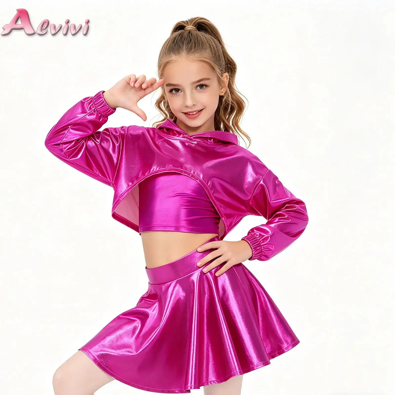 Kids Girls Metallic Hip-hop Jazz Dance Performance Outfit Long Sleeve Asymmetrical Hem Cropped Hoodie with Vest and Flared Skirt
Kids Girls Metallic Hip-hop Jazz Dance Performance Outfit Long Sleeve Asymmetrical Hem Cropped Hoodie with Vest and Flared Skirt