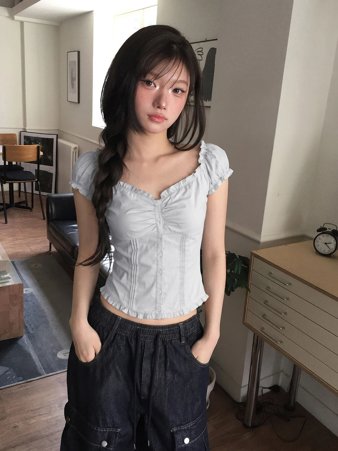 Slim Fit Short Sleeve V Neck Bubble Sleeve Shirt Women's Summer Fashionable Unique Top Wooden Ear Design Breathable Skin...
Slim Fit Short Sleeve V Neck Bubble Sleeve Shirt Women's Summer Fashionable Unique Top Wooden Ear Design Breathable Skin...