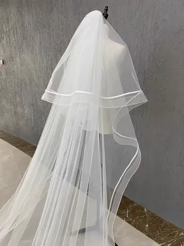 Classic Satin Ribbon Wedding Veil with Metal Comb Cathedral Bridal Veil - Essential Wedding Accessory