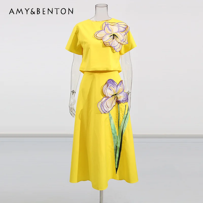 2026 New Three-dimensional Flower Short-sleeved Women's Tops High-waist Long Skirts French Temperament Two-piece Sets Ladies
2026 New Three-dimensional Flower Short-sleeved Women's Tops High-waist Long Skirts French Temperament Two-piece Sets Ladies
