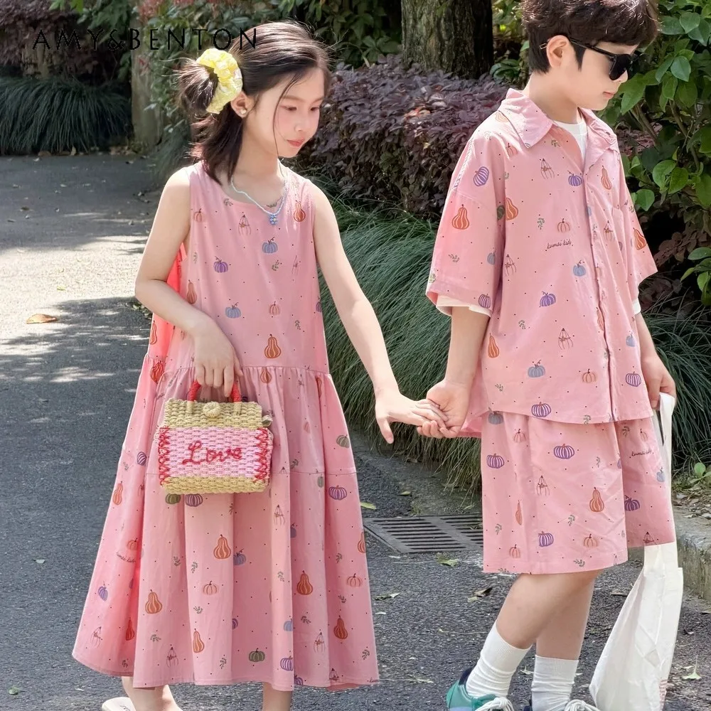 Korean Fashion Vacation Brother Sister Matching Sets Boys All Over Print Shirt and Shorts Girls Cartoon Print Suspender Dress
Korean Fashion Vacation Brother Sister Matching Sets Boys All Over Print Shirt and Shorts Girls Cartoon Print Suspender Dress