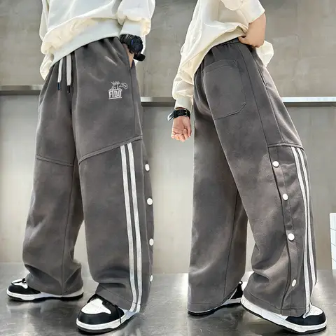 Shcool Boys Cool Pants With Side Stripe Child Fashion Brown Grey Sports Trackpants Spring Autumn Kids Trousers For Teenager 5-14