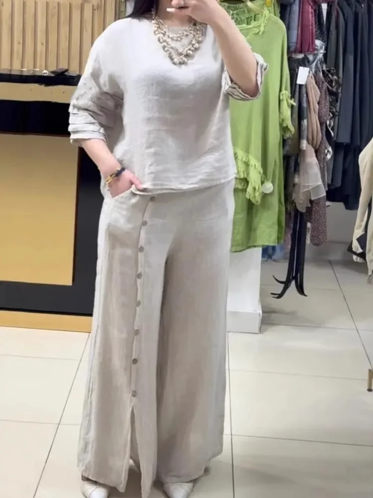 Новые модные повседневные комплекты из двух предметов, женские свободные однотонные топы с круглым вырезом и широкие брюки, костюмы, весенне-осенний женский элегантный наряд
Новые модные повседневные комплекты из двух предметов, женские свободные однотонные топы с круглым вырезом и широкие брюки, костюмы, весенне-осенний женский элегантный наряд