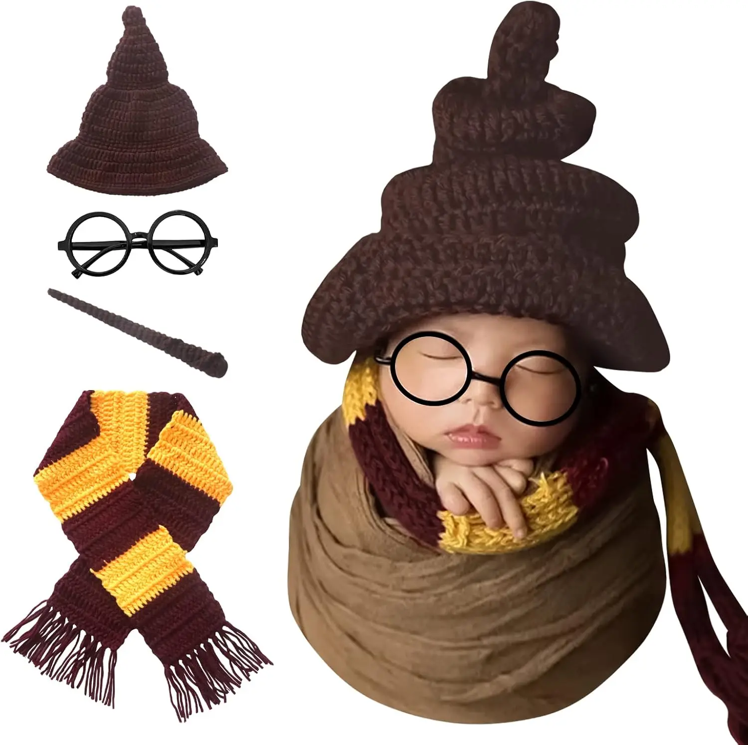 Halloween Wizard Witch Hat Scarf Wand Glasses 4-Piece Set for Baby Photo Props and Cosplay
Halloween Wizard Witch Hat Scarf Wand Glasses 4-Piece Set for Baby Photo Props and Cosplay