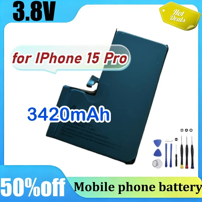 Аккумулятор для iPhone 15 Pro 3420 мАч A3104 A2848 A3101 A3102, высококачественный сменный аккумулятор для мобильного телефона с инструментами
Аккумулятор для iPhone 15 Pro 3420 мАч A3104 A2848 A3101 A3102, высококачественный сменный аккумулятор для мобильного телефона с инструментами