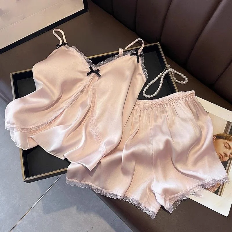 Summer Women's Ice Silk Suspender Sleepwear Sexy Lace With Chest Cushion New Thin Style Home Suit Kajamas Set
Summer Women's Ice Silk Suspender Sleepwear Sexy Lace With Chest Cushion New Thin Style Home Suit Kajamas Set