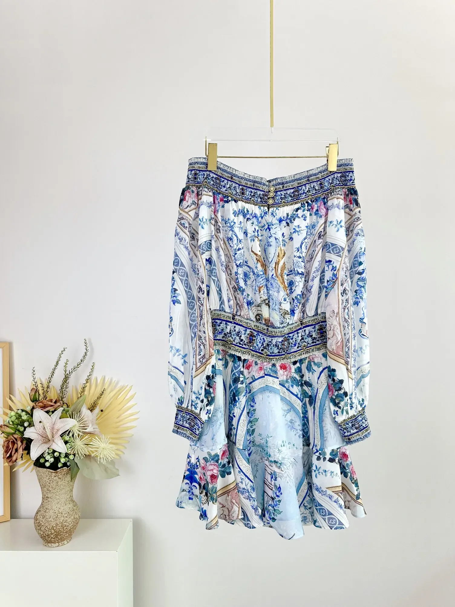 Women Flower Printed Dress Beaded Elastic Waist Slash Neck Long Sleeve Elegant 100% Silk Mini Robe
Women Flower Printed Dress Beaded Elastic Waist Slash Neck Long Sleeve Elegant 100% Silk Mini Robe