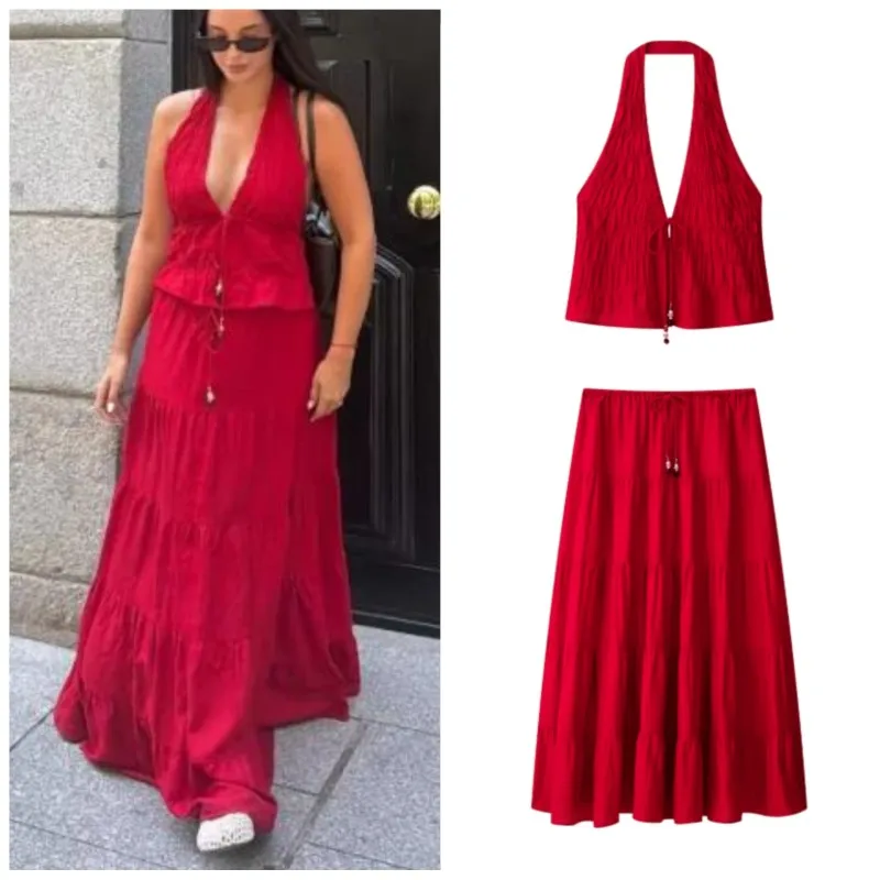 Women's Skirt Set 2026 New Sexy Halter Neck Lace-up Crop Top Elastic Waistband Drawstring Midi Skirt Fashion Female 2 Piece Sets
Women's Skirt Set 2026 New Sexy Halter Neck Lace-up Crop Top Elastic Waistband Drawstring Midi Skirt Fashion Female 2 Piece Sets