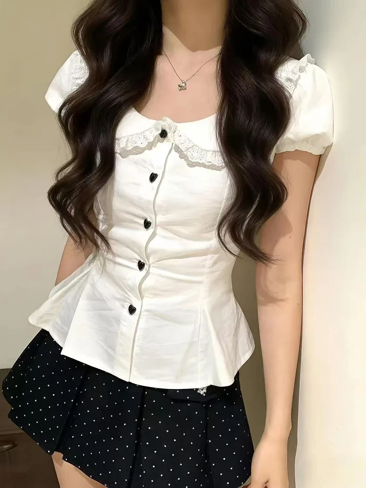 Sweet Peter Pan Collar Women White Shirt Summer Lace Patchwork Puff Sleeve Slim Blouse Japan Kawaii Lolita Buttons Lace Up Tops
Sweet Peter Pan Collar Women White Shirt Summer Lace Patchwork Puff Sleeve Slim Blouse Japan Kawaii Lolita Buttons Lace Up Tops