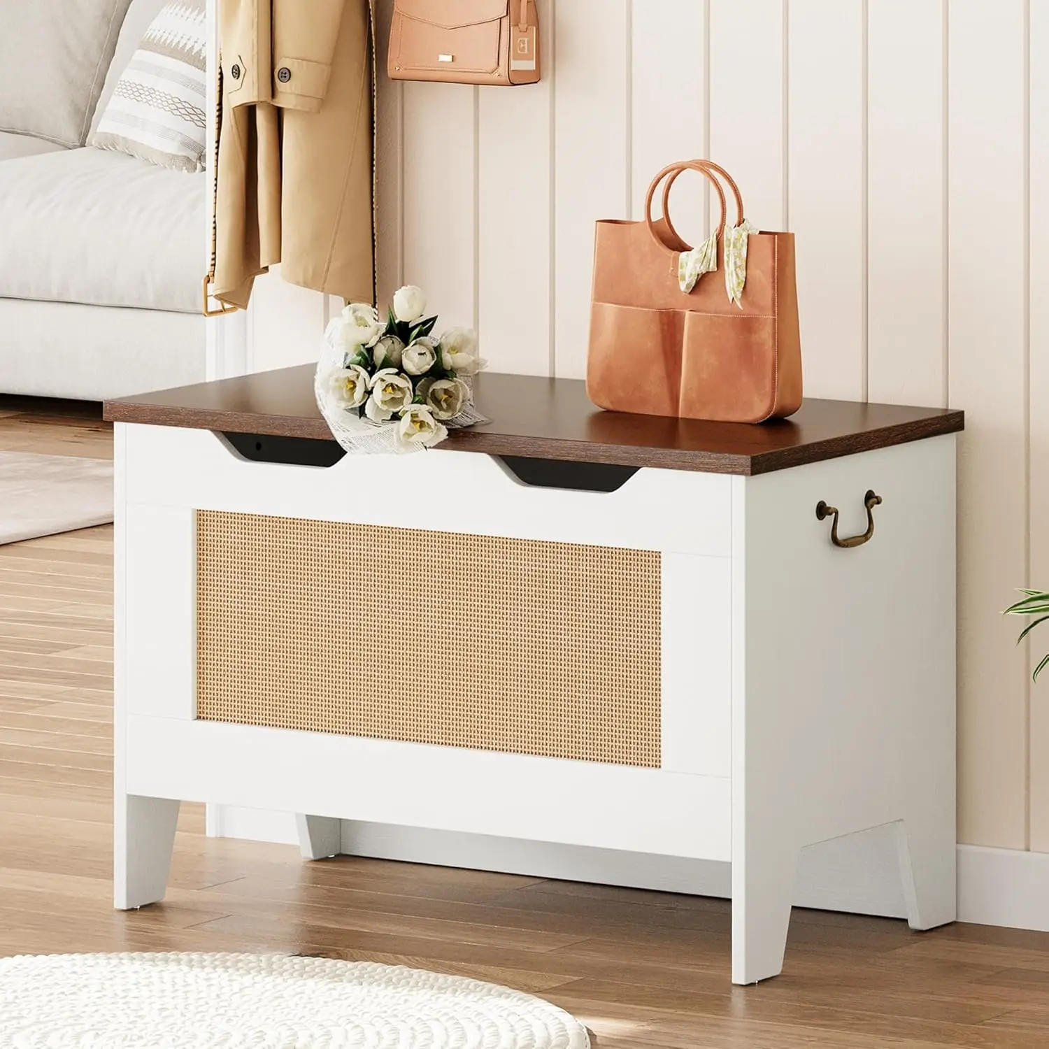 30 Inch Storage Chest with Lids, Wood Rattan with Safety Hinge, Entryway Storage Trunk Bench, Supports 350 Lbs, for Living Room
30 Inch Storage Chest with Lids, Wood Rattan with Safety Hinge, Entryway Storage Trunk Bench, Supports 350 Lbs, for Living Room
