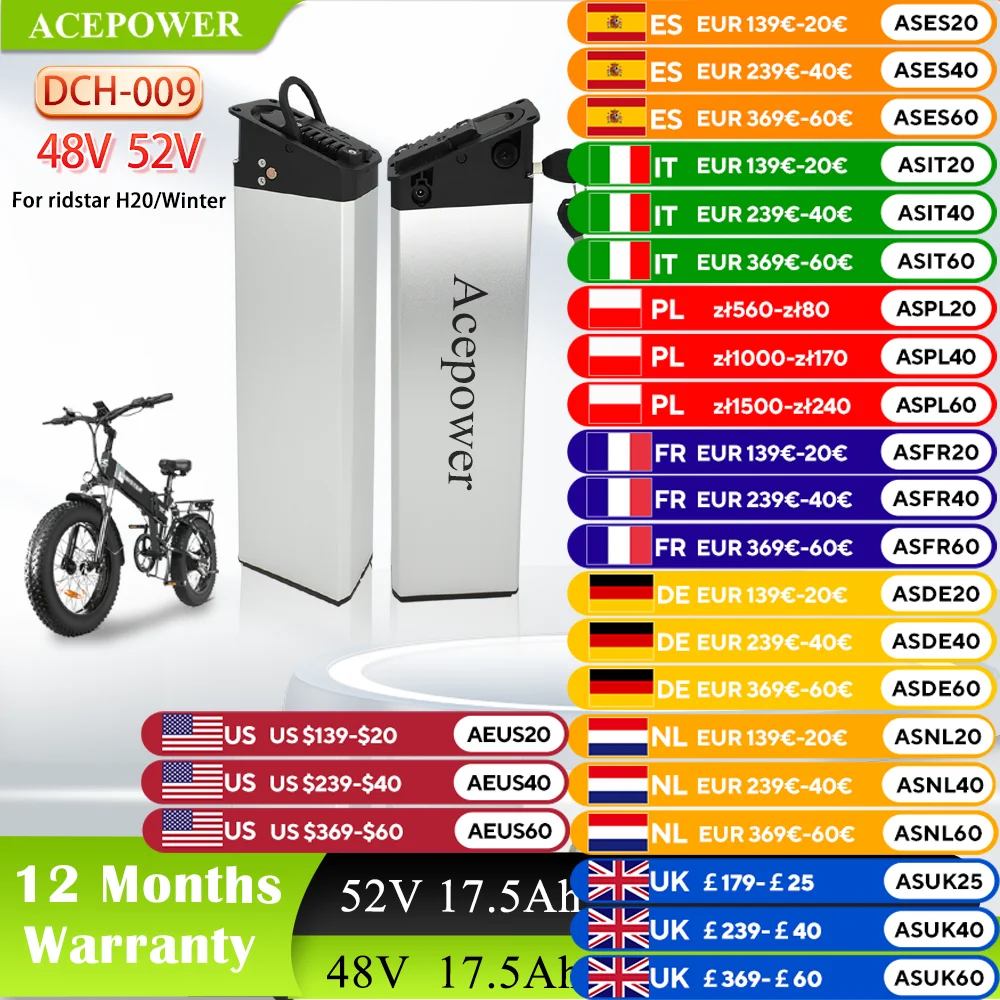 EU US Stock for Ridstar Winter Ridstar H20 Ebike Battery 48V 13Ah 16Ah 17Ah 17.5Ah Battery for Ridstar Winter H20 Folding Bike
EU US Stock for Ridstar Winter Ridstar H20 Ebike Battery 48V 13Ah 16Ah 17Ah 17.5Ah Battery for Ridstar Winter H20 Folding Bike