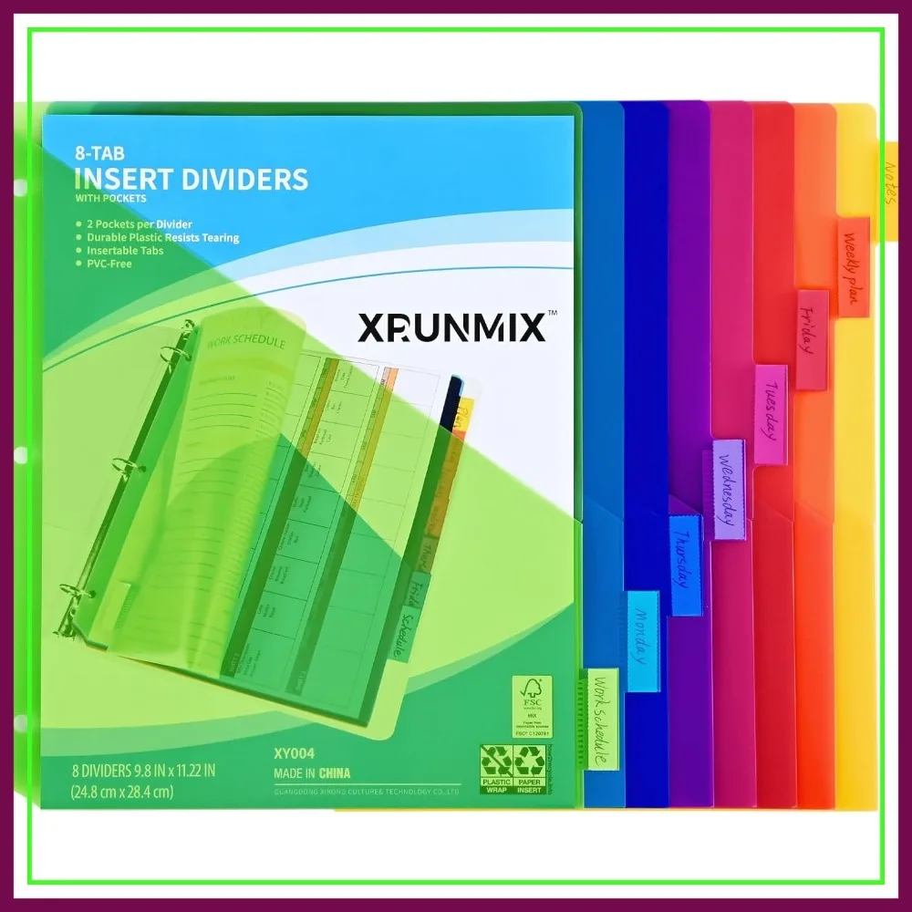 8-Tab Binder Dividers with Pockets, 3-Hole Plastic Sheet Protectors for US Letter, 0.5-3 inch Binders, 8 Colors (1 Pack)
8-Tab Binder Dividers with Pockets, 3-Hole Plastic Sheet Protectors for US Letter, 0.5-3 inch Binders, 8 Colors (1 Pack)