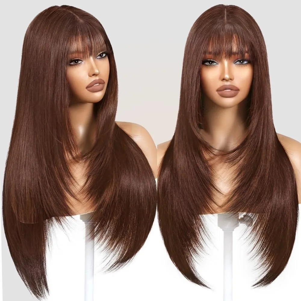 Chocolate Brown Layered Lace Front Wig With Bangs Bone Straight Lace Frontal Wigs 13x4 HD Glueless PrePlucked For Women Cosplay
Chocolate Brown Layered Lace Front Wig With Bangs Bone Straight Lace Frontal Wigs 13x4 HD Glueless PrePlucked For Women Cosplay