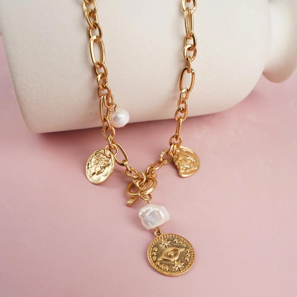 Natural Pearl Stainless Steel Gold Color Round Portrait Coin Pendant Necklace For Women Trend Punk Chain Jewelry Gift
Natural Pearl Stainless Steel Gold Color Round Portrait Coin Pendant Necklace For Women Trend Punk Chain Jewelry Gift